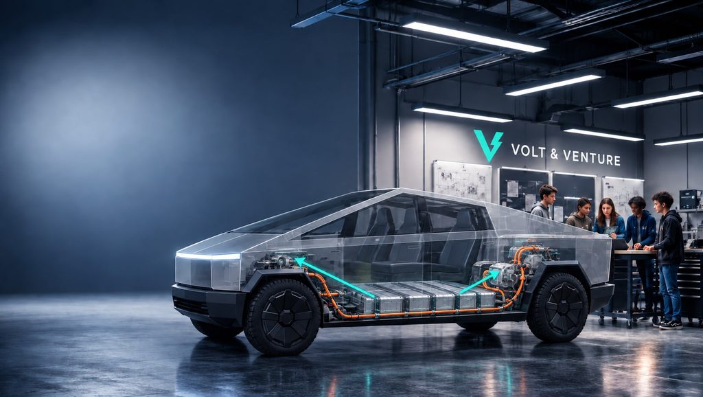Volt & Venture EV STEM enhanced illustration showing potential for in shop class structure alongside an actual EV.